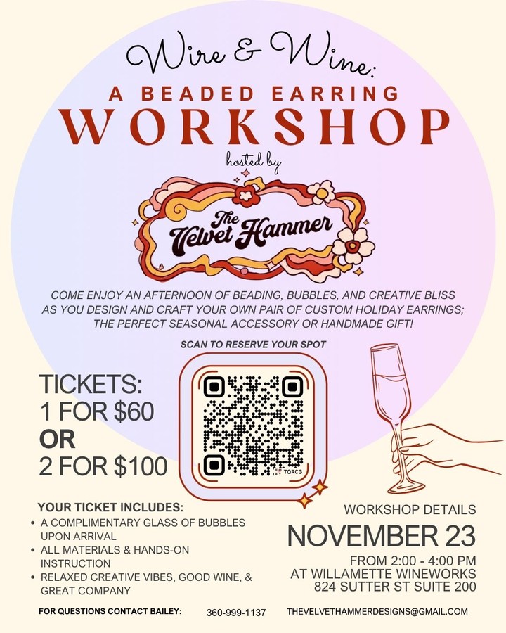 Flyer for Wire and Wine: A Bearded Earing Workshop happening on November 23rd.